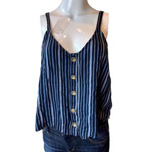 Hollister Women Tank Blouse Striped Backless Front Button V Neck Blue White S